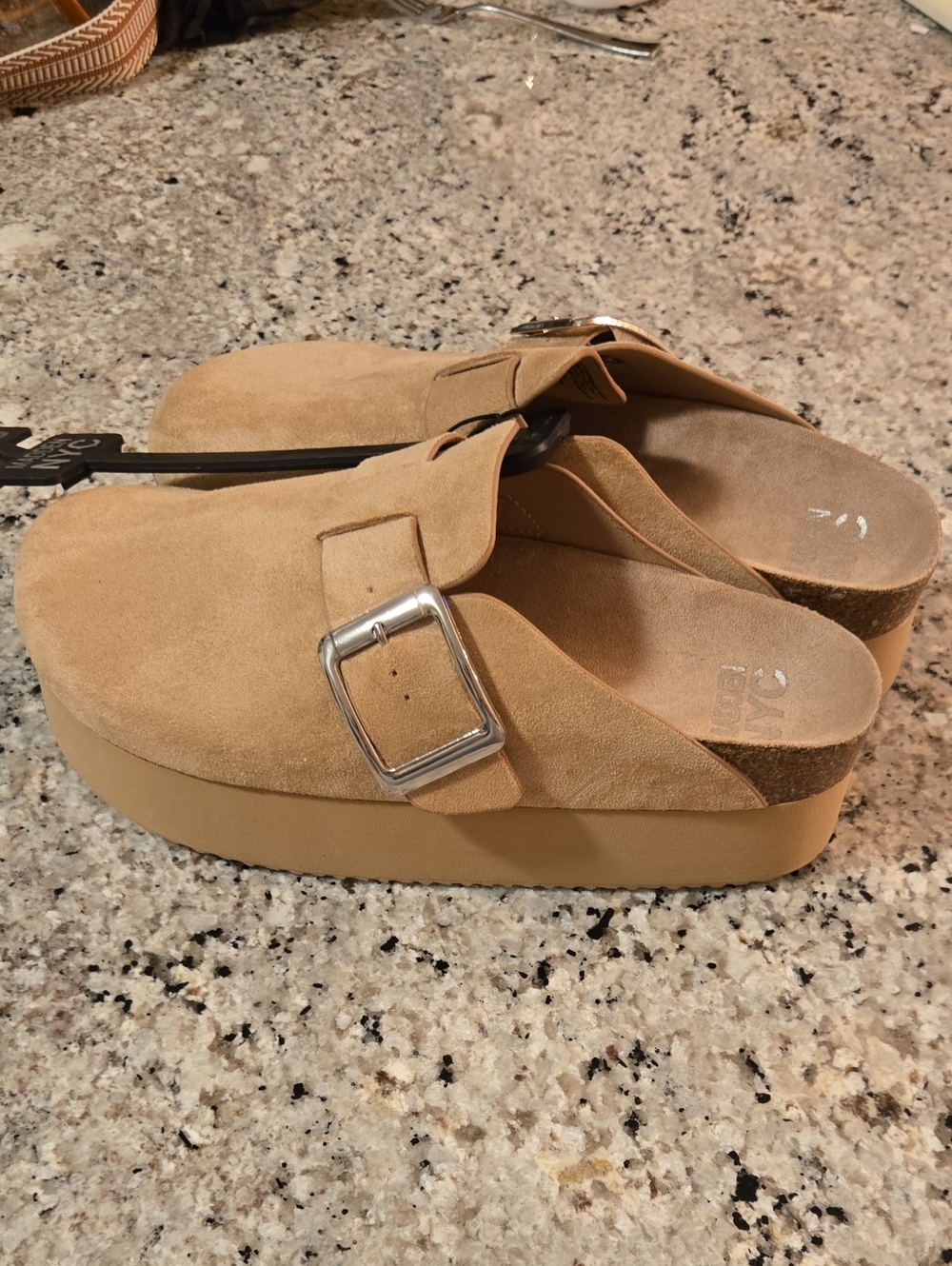 Steve Madden Tan Suede Platform Clog Mule with Silver Buckle